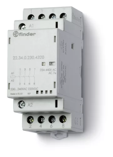 Finder 22.34.0.230.4720 installációs mágneskapcsoló 25A 3 záró- és 1 nyitóérintkező 230 V AC/DC DIN sínre