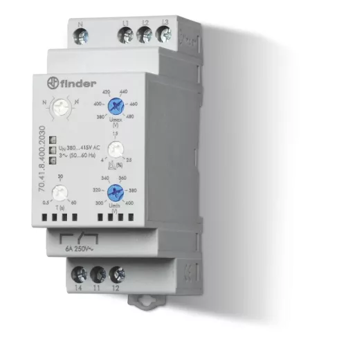 Finder 70.41.8.400.2030 felügyeleti relé 1 váltóérintkező (1 CO) 6 A 380…415 V AC (50/60 Hz)