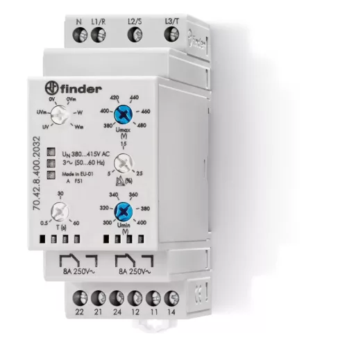 Finder 70.42.8.400.2032 felügyeleti relé 2 váltóérintkező (2 CO) 8 A 380…415 V AC (50/60 Hz)