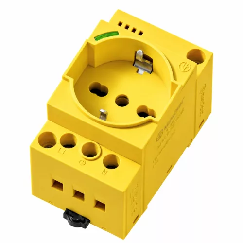 Finder 7U.00.8.230.0012 dugaszolóaljzat kapcsolószekrényhez, kombinált Schuko + olasz (F és L típus), 16 A, 250 V AC, sárga (RAL 1021), zöld LED-es állapotjelzéssel - 7U0082300012
