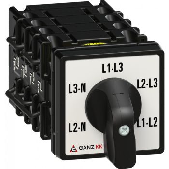   Ganz KK KK0-20-6036 kézi nyitott voltmérő átkapcsoló, 3 fázis- és 3 vonali feszültségre, 20A, IP20/44, 690V, 5,5kW kapcsolható teljesítmény(AC-3,400V), 48x48x115mm ( Ganz 1AC6036AA00M40 )