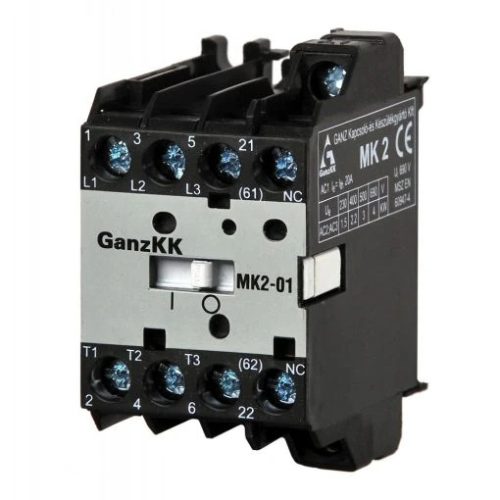 GANZ KK MK2-01 minikontaktor 1 db nyitó segédérintkezővel, 110V, 2,2kW (AC-3 400V), 35×63×49mm ( GANZ 220-3720-031 )