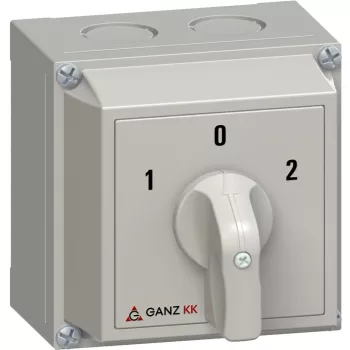   Ganz KK KKM0-20-6426 kézi tokozott átkapcsoló, 1-0-2 állás, 1P, 20A, IP65, 690V, 5,5kW kapcsolható teljesítmény(AC-3,400V), 88x88x101mm ( Ganz 3AC6426XB00S20 )
