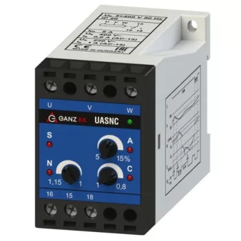  Ganz UASNC/3×400 V háromfázisú feszültségvédelmi relé (aszimmetria, fázissorrend, feszültségnövekedés és -csökkenés), 3x400V AC vezérlő feszültség (Uc), IP20, -5 ... +50 °C ( Ganz 740-8070-515 )