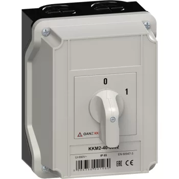   Ganz KK KKM2-40-6002 kézi tokozott BE-KI kapcsoló, 0-1 állás, 3P, 40A, IP65, 690V, 15kW kapcsolható teljesítmény(AC-3,400V), 125x162x135mm ( Ganz 902-6002-642 )
