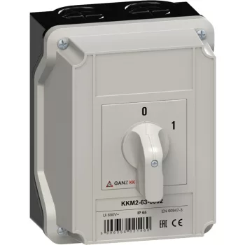   Ganz KK KKM2-63-6002 kézi tokozott BE-KI kapcsoló, 0-1 állás, 3P, 63A, IP65, 690V, 22kW kapcsolható teljesítmény(AC-3,400V), 125x162x135mm ( Ganz 902-6002-742 )