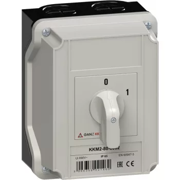   Ganz KK KKM2-80-6002 kézi tokozott BE-KI kapcsoló, 0-1 állás, 3P, 80A, IP65, 690V, 25kW kapcsolható teljesítmény(AC-3,400V), 125x162x135mm ( Ganz 902-6002-842 )