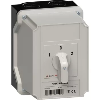   Ganz KK KKM2-63-6006 kézi tokozott átkapcsoló, 1-0-2 állás, 3P, 63A, IP65, 690V, 22kW kapcsolható teljesítmény(AC-3,400V), 125x162x152mm ( Ganz 903-6006-742 )