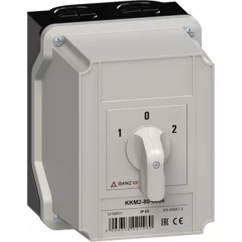   Ganz KK KKM2-80-6006 kézi tokozott átkapcsoló, 1-0-2 állás, 3P, 80A, IP65, 690V, 25kW kapcsolható teljesítmény(AC-3,400V), 125x162x152mm ( Ganz 903-6006-842 )