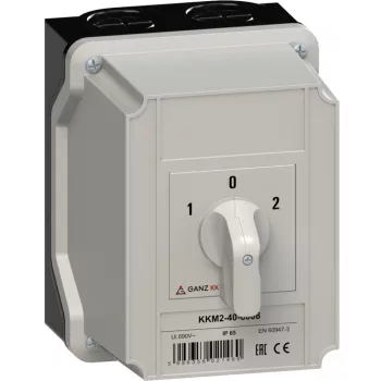   Ganz KK KKM2-40-6008 kézi tokozott irányváltó motorkapcsoló, 1-0-2 állás, 3P, 40A, IP65, 690V, 15kW kapcsolható teljesítmény(AC-3,400V), 125x162x152mm ( Ganz 903-6008-642 )