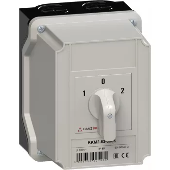   Ganz KK KKM2-63-6008 kézi tokozott irányváltó motorkapcsoló, 1-0-2 állás, 3P, 63A, IP65, 690V, 22kW kapcsolható teljesítmény(AC-3,400V), 125x162x152mm ( Ganz 903-6008-742 )