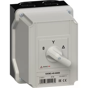   Ganz KK KKM2-40-6009 kézi tokozott csillag-delta motor-átkapcsoló, 0-Y-Δ állás, 40A, IP65, 690V, 22kW kapcsolható teljesítmény(AC-3,400V), 125x162x169mm ( Ganz 904-6009-642 )