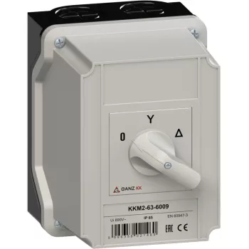  Ganz KK KKM2-63-6009 kézi tokozott csillag-delta motor-átkapcsoló, 0-Y-Δ állás, 63A, IP65, 690V, 30kW kapcsolható teljesítmény(AC-3,400V), 125x162x169mm ( Ganz 904-6009-742 )