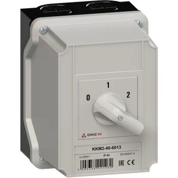  Ganz KK KKM2-40-6013 kézi tokozott motorkapcsoló Dahlander-tekercselésű motorhoz, 0-1-2 állás, 40A, IP65, 690V, 15kW kapcsolható teljesítmény(AC-3,400V), 125x162x169mm ( Ganz 904-6013-642 )