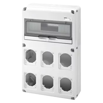 Gewiss GW68008N Q-DIN 14 DIN modul ipari elosztódoboz – 6 IEC 309 16/32A IP44/67 – IP65 IK08 – szürke RAL 7035