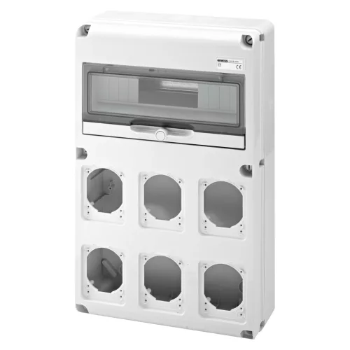 Gewiss GW68008N Q-DIN 14 DIN modul ipari elosztódoboz – 6 IEC 309 16/32A IP44/67 – IP65 IK08 – szürke RAL 7035