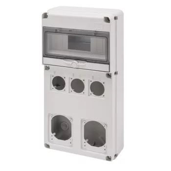 Gewiss GW68027N Q-DIN 10 DIN modul ipari elosztódoboz – 3 csatlakozóperem 50×50 + 2 csatlakozóperem IEC 16/32A – IP65 IK08 – szürke RAL 7035