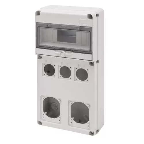 Gewiss GW68027N Q-DIN 10 DIN modul ipari elosztódoboz – 3 csatlakozóperem 50×50 + 2 csatlakozóperem IEC 16/32A – IP65 IK08 – szürke RAL 7035