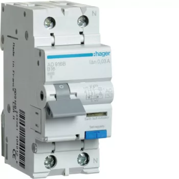   Hager AD916B Áramvédős kismegszakító 1P+N, B-16A, 30mA, 6kA, AC
