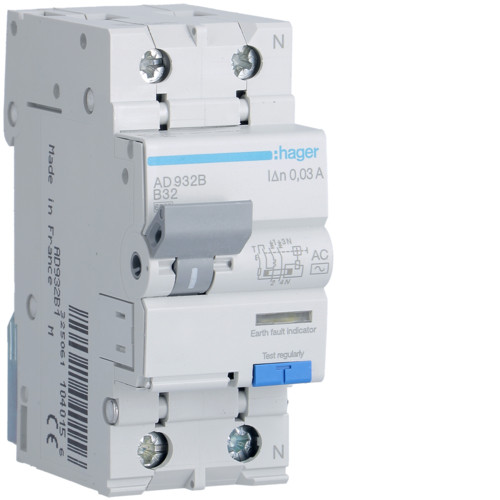 Hager AD932B Áramvédős kismegszakító 1P+N, B-32A, 30mA, 6kA, AC Hager AD932B Áramvédős kismegszakító 1P+N, B-32A, 30mA, 6kA, AC