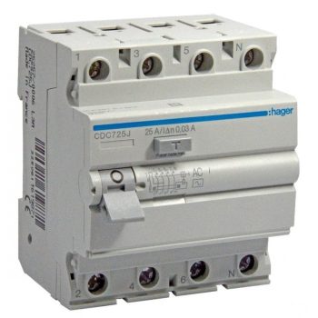   Hager CDC, CDC725J, Áram-védőkapcsoló (Fi-relé), AC osztály, 4P, 25A, 30mA (Hager CDC725J)