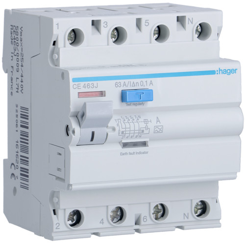 Hager CE463J Fi-relé 4p 63A 100mA A. Hager CE463J Fi-relé 4p 63A 100mA A.