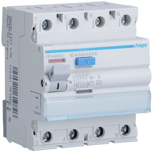 Hager CPA463J Fi-relé, 4P, 63A, 300mA, S Hager CPA463J Fi-relé, 4P, 63A, 300mA, S