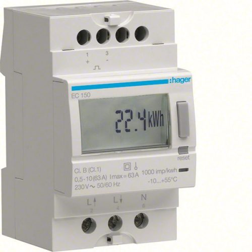 Hager EC150 Fogyasztásmérő, 1 fázisú, 63A direkt, imp. kimenet, részszámlálás, hatásos energia