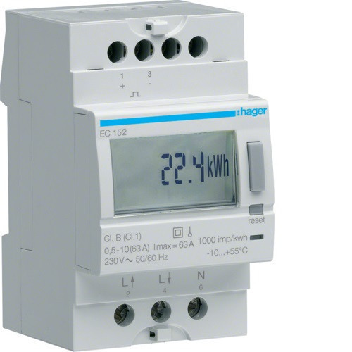 Hager EC152 Fogyasztásmérő, 1 fázisú, 63A direkt, imp. kimenet, kéttarifás, részszámlálás, hatásos energia Hager EC152 Fogyasztásmérő, 1 fázisú, 63A direkt, imp. kimenet, kéttarifás, részszámlálás, hatásos energia