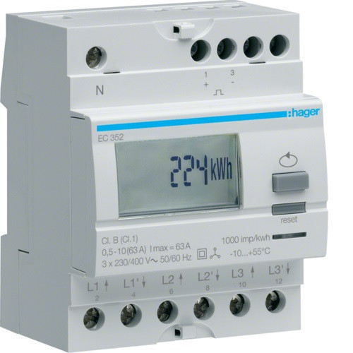 Hager EC352 Fogyasztásmérő, 3 fázisú, 63A direkt, imp. kimenet, kéttarifás, részszámlálás, hatásos energia Hager EC352 Fogyasztásmérő, 3 fázisú, 63A direkt, imp. kimenet, kéttarifás, részszámlálás, hatásos energia