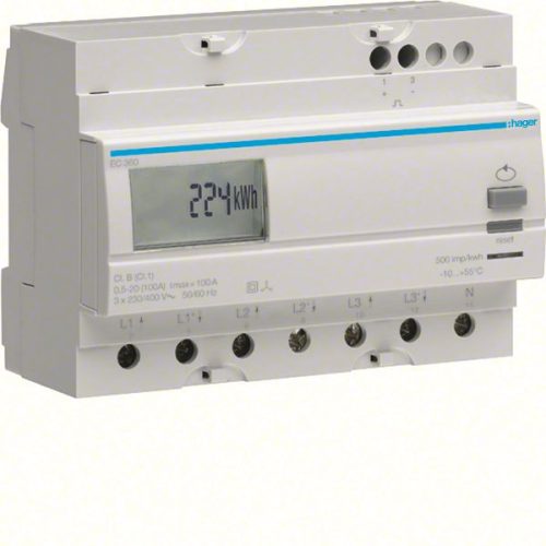 Hager EC360 Fogyasztásmérő, 3 fázisú, 100A direkt, imp. kimenet, részszámlálás, hatásos energia