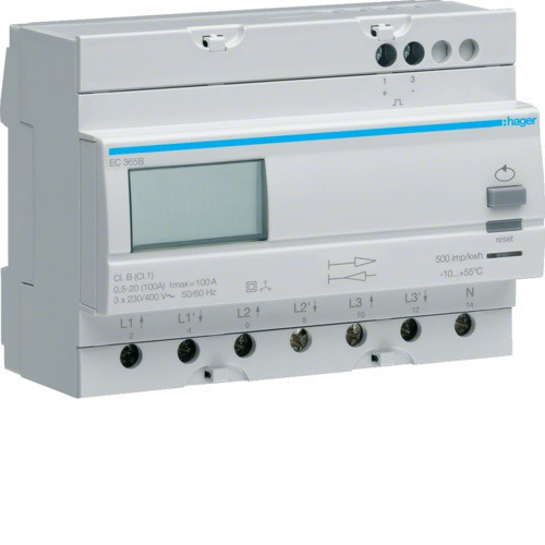 Hager EC365B Fogyasztásmérő, 3 fázisú, 100A direkt, imp. kimenet, kétirányú mérés, részszámlálás, hatásos ener
