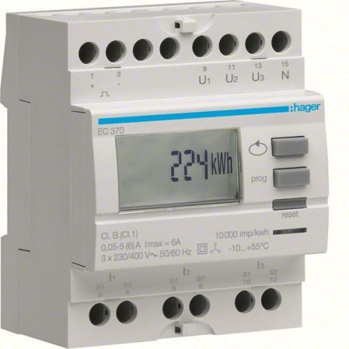 Hager EC370 Fogyasztásmérő, áramváltós, imp. kimenet, részszámlálás, hatásos és meddő energia