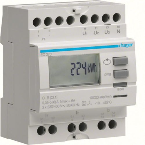 Hager EC372 Fogyasztásmérő, áramváltós, imp. kimenet, kéttarifás, részszámlálás, hatásos és meddő energia