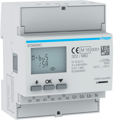 Hager ECM300C fogyasztásmérő 3 fázis, áramváltós, M-Bus, MID