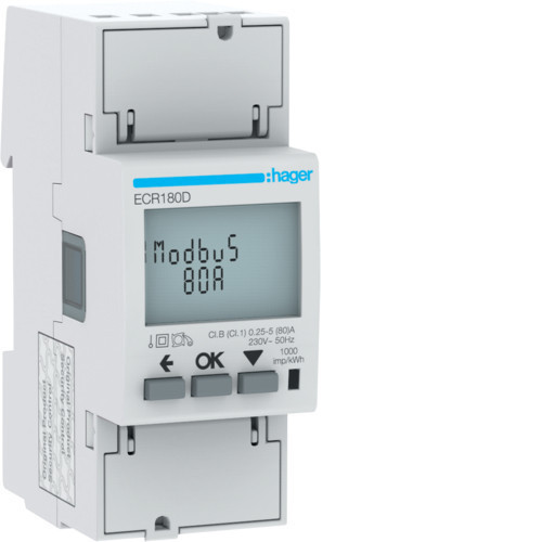 Hager ECR180D fogyasztásmérő 1 fázis 80A, MODBUS, MID