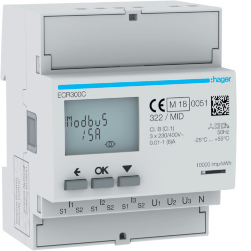 Hager ECR300C fogyasztásmérő 3 fázis, áramváltós, MODBUS, MID
