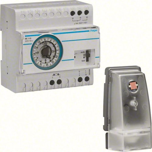 Hager EE110 Alkonykapcsoló, 1 váltó, 10A, 230V AC, moduláris, analóg órával, fk.érzékelővel (EE003), 5-2000 L