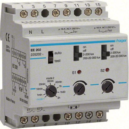 Hager EE202 Alkonykapcsoló, 2 váltó, 2 csatornás, 230V AC, moduláris, 2-20000 Lux, érzékelő nélkül, komfort