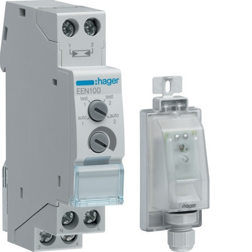 Hager EEN100 Alkonykapcsoló, 1 váltó, 10A, 230V AC, moduláris, falon kívüli (EEN003) érzékelővel, 5-2000 Lux Hager EEN100 Alkonykapcsoló, 1 váltó, 10A, 230V AC, moduláris, falon kívüli (EEN003) érzékelővel, 5-2000 Lux