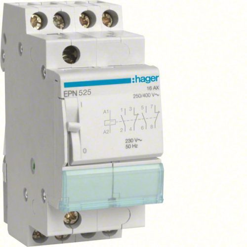 Hager EPN525, impulzusrelé 4P 16A, 2 Záró + 2 Nyitó érintkező, 230 V AC / 110 V DC vezerlés (Hager EPN525)