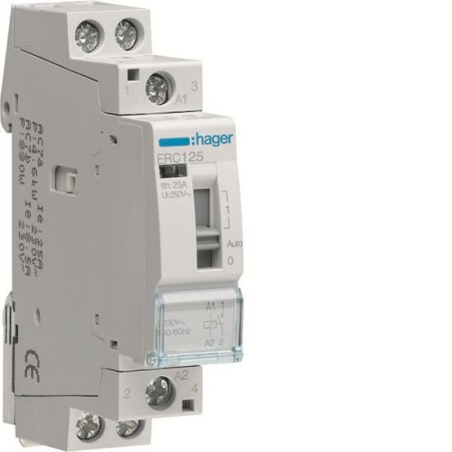 Hager Moduláris kontaktor 25A, kézi kapcsolással, 1 Záró érintkező, 230V AC 50 Hz (Hager ERC125)
