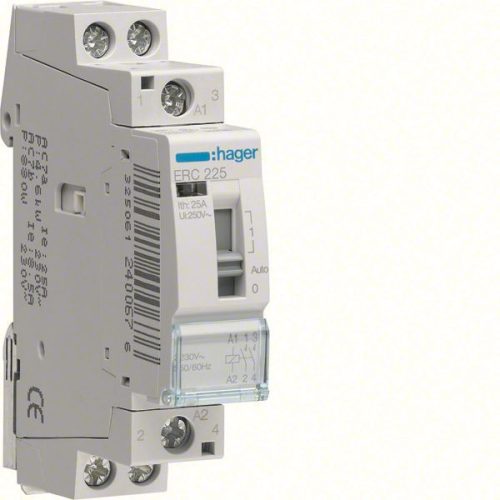 Hager Moduláris kontaktor 25A, kézi kapcsolással, 2 Záró érintkező, 230V AC 50 Hz (Hager ERC225)