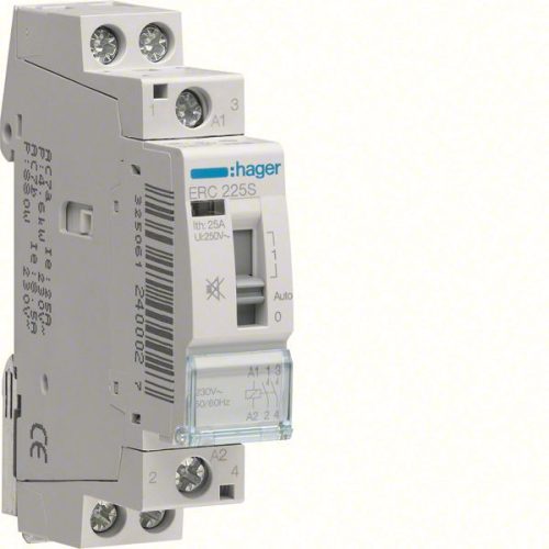 Hager Csendes moduláris kontaktor 25A, kézi kapcsolással, 2 Záró érintkező, 230V AC 50 Hz (Hager ERC225S)