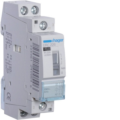 Hager Moduláris kontaktor 25A, kézi kapcsolással, 2 Nyitó érintkező, 230V AC 50 Hz (Hager ERC226)