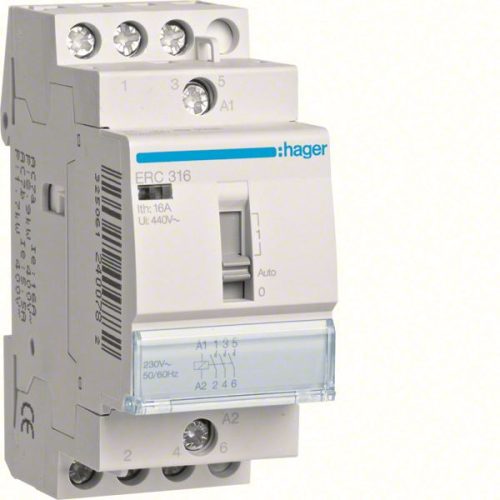Hager Moduláris kontaktor 16A, kézi kapcsolással, 3 Záró érintkező, 230V AC 50 Hz (Hager ERC316)