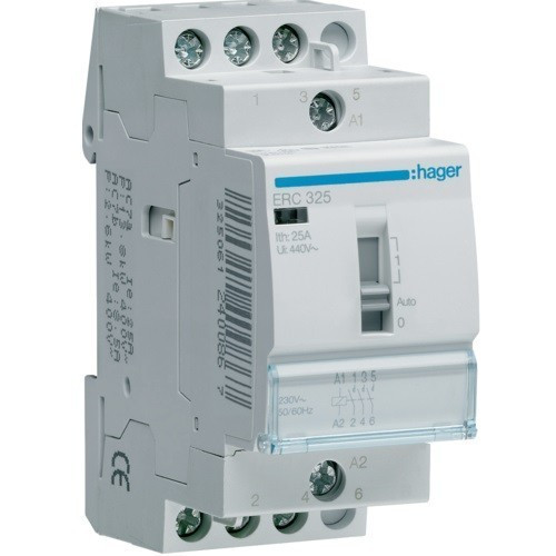 Hager Moduláris kontaktor 25A, kézi kapcsolással, 3 Záró érintkező, 230V AC 50 Hz (Hager ERC325)