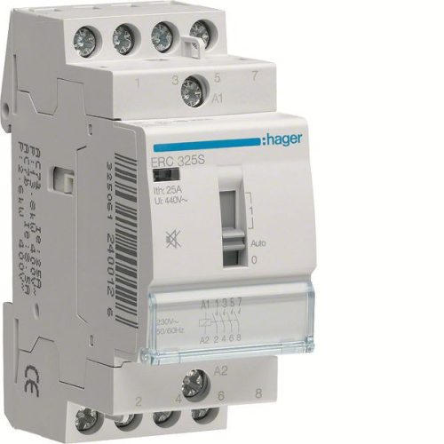 Hager Csendes moduláris kontaktor 25A, kézi kapcsolással, 3 Záró érintkező, 230V AC 50 Hz (Hager ERC325S)