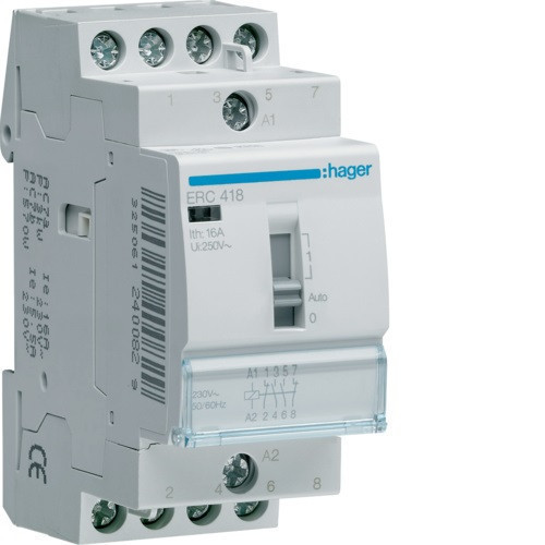 Hager Moduláris kontaktor 16A, kézi kapcsolással, 2 Záró + 2 Nyitó érintkező, 230V AC 50 Hz (Hager ERC418)