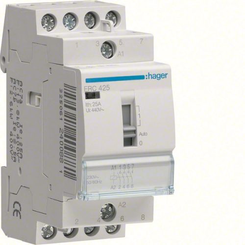 Hager Moduláris kontaktor 25A, kézi kapcsolással, 4 Záró érintkező, 230V AC 50 Hz (Hager ERC425)
